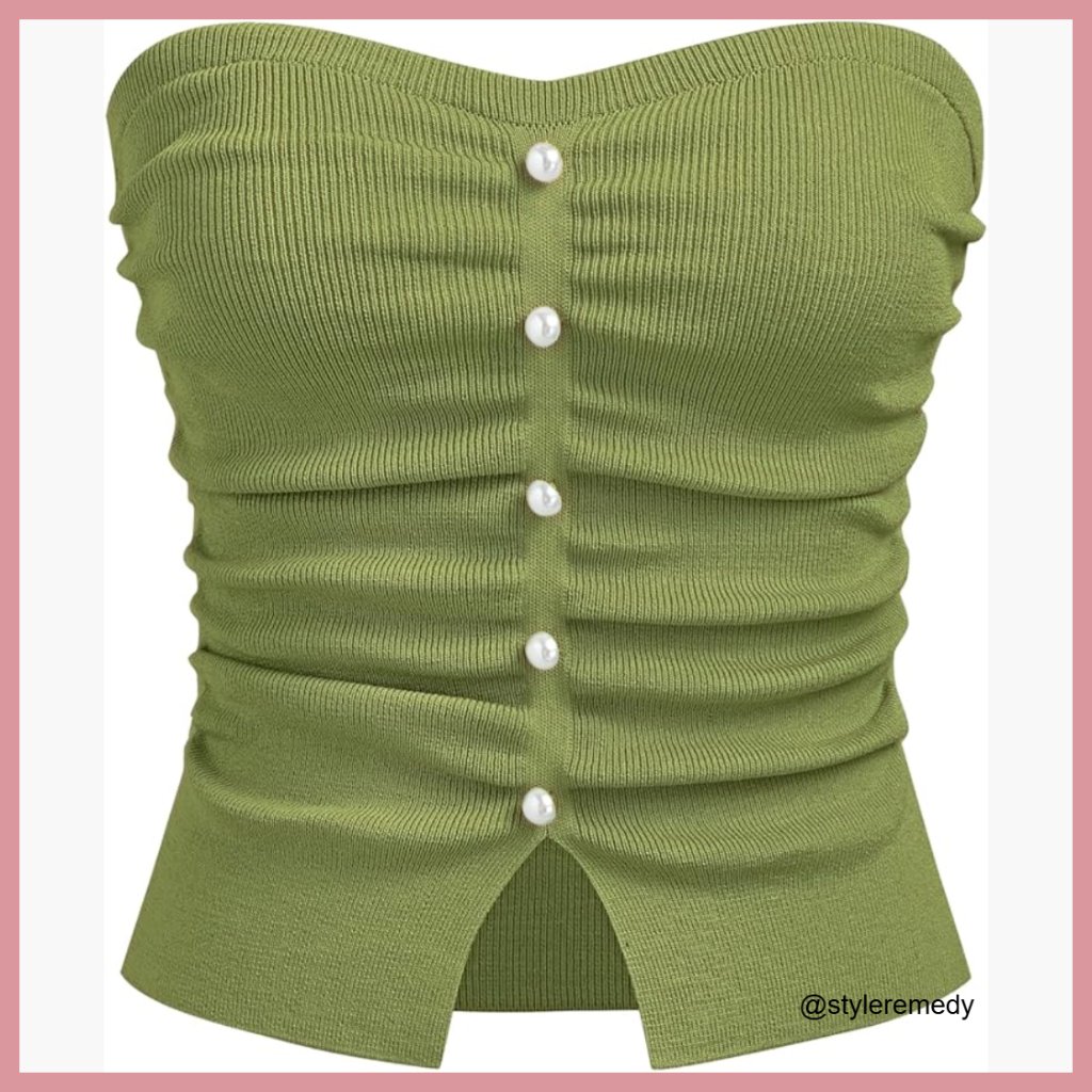 Faux Pearl Tube Top Crop Knit Split Hem Ruched Y2k Summer
